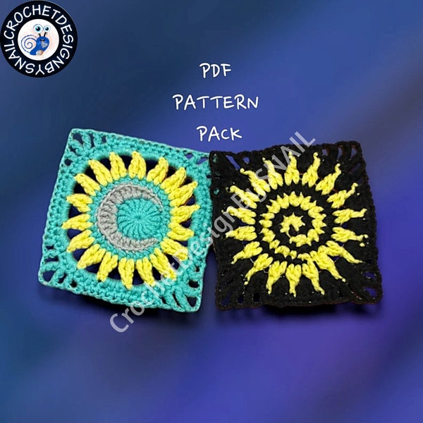 Spiral Sun + Sun and Moon Together Granny Square Patterns / PDF/ English / Celestial Crochet Package