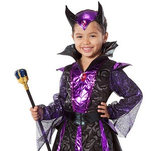 Evil Queen Halloween Costume: Purple Sparkle Dress, Horned Headpiece (Size 3/4)