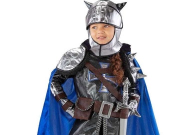 Silver Knight Costume: Spiked Armor, Cape, Helmet - 4 Piece Set
