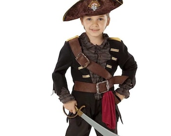 May include: A child's pirate costume with a black jacket, brown belt, and black pants. The costume includes a brown hat with a skull and crossbones design, a red sash, and a toy sword.