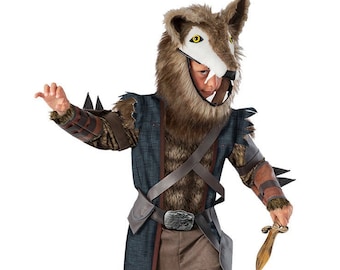 May include: A child's werewolf costume with a brown fur hood, a brown and blue tunic, and a brown belt with a silver buckle. The costume also includes brown pants, a brown fur trim, and a silver dagger.