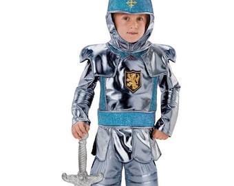 May include: A child wearing a silver and blue knight costume with a sword. The costume features a helmet with a blue hood, silver armor, and a blue belt with a gold lion emblem.