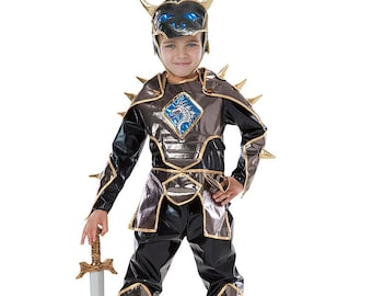 May include: A child's knight costume with a black and silver color scheme, featuring a helmet with gold accents and a matching breastplate with a blue emblem. The costume includes a toy sword.