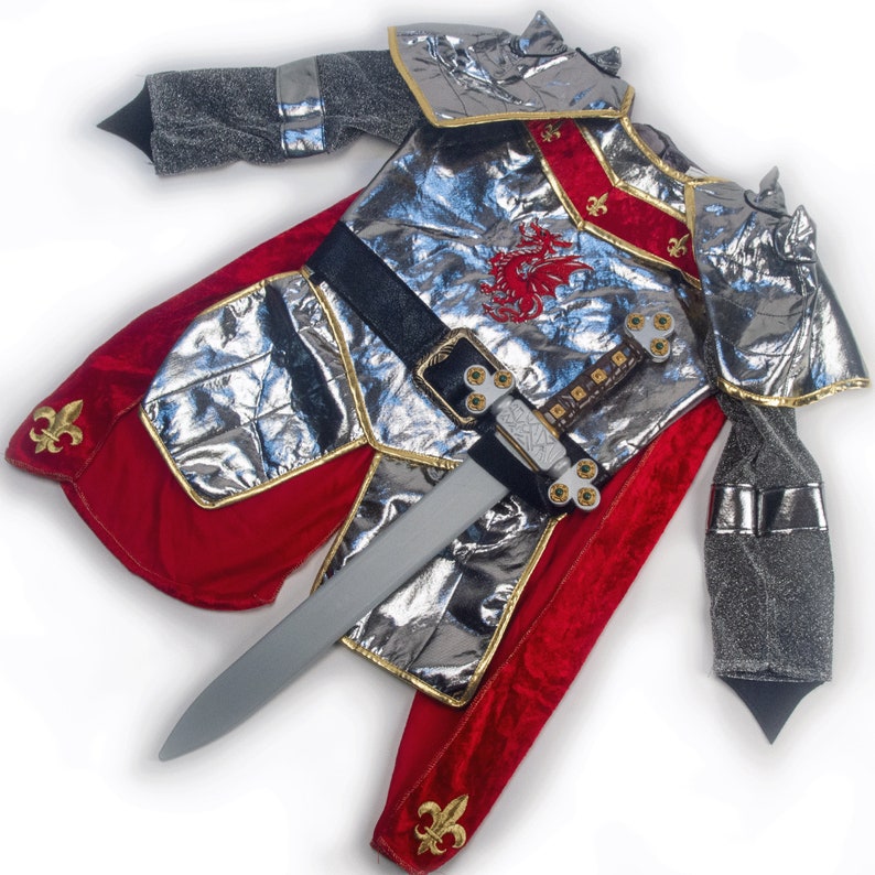 May include: A silver and red knight costume with a plastic sword. The costume features a silver chest plate, red cape, and silver gauntlets. The sword is silver with a black handle.