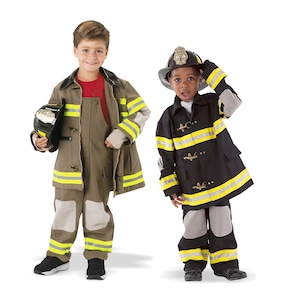 May include: Two children dressed in firefighter costumes. One child wears a brown jacket and overalls with yellow reflective stripes, holding a black helmet. The other child wears a black jacket and pants with yellow stripes and a firefighter helmet.