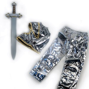 May include: A silver and gold knight costume with a silver sword, pants, and a helmet. The helmet has a gold trim.