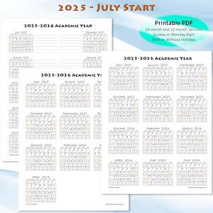 2025 2026 Academic Calendar July Start, Printable Year-on-a-Page Back-to-School Calendar, Portrait Layout for Print or Digital Planners