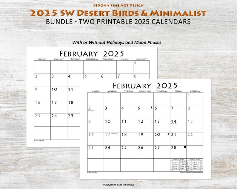 2025 Bird Art Calendar and Blank Calendar, sundaystart or Mondaystart