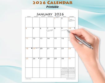 2026 Monatskalender, druckbar, Sonntag oder Montag Start, Letter Größe passt für Big Planner
