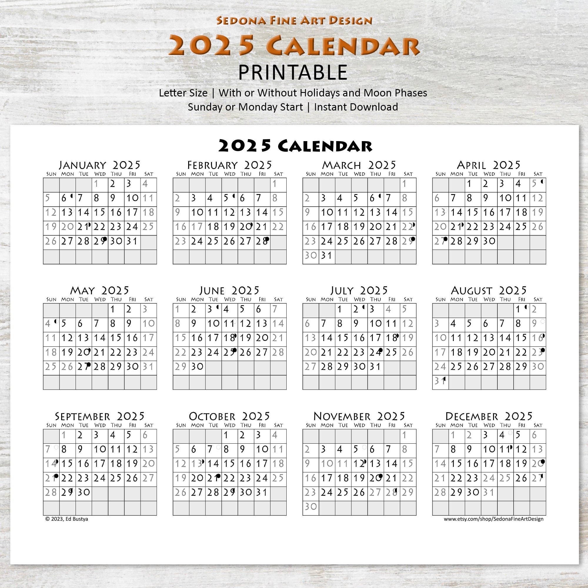 2025 Monthly Blank Calendar sundaystart or Mondaystart, Simple