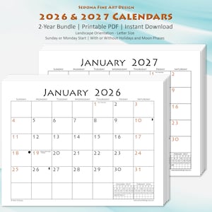May include: A printable PDF bundle of calendars for the years 2026 and 2027. The calendars are in landscape orientation and feature a simple, clean design with black text on a white background. The calendars are available in letter size and can be printed with or without holidays and moon phases.
