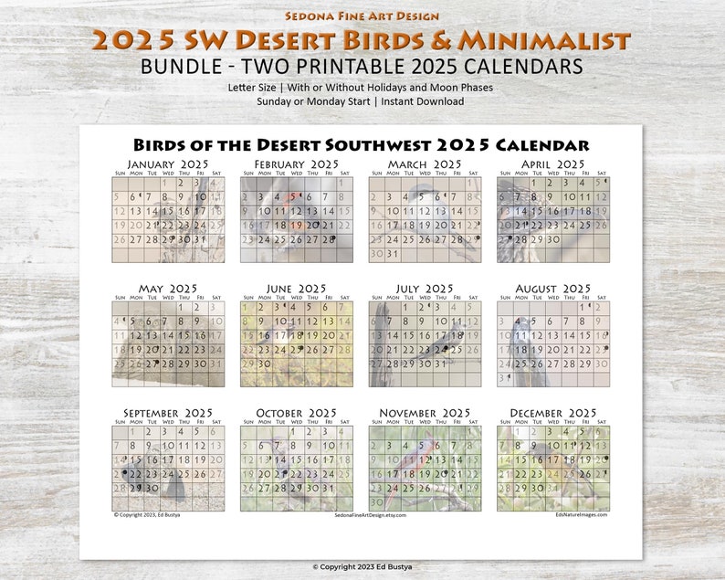 2025 Bird Art Calendar and Blank Calendar, sundaystart or Mondaystart