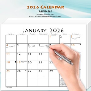 2026 Monthly Calendar, Printable PDF, Sunday-Start or Monday-Start, with or without US Holidays and Moon Phases