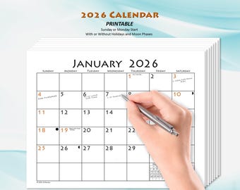 2026 Monatskalender, druckbare PDF-Datei, Sonntag-Start oder Montag-Start, mit oder ohne US Feiertage und Mondphasen