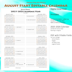 2025-2026 Editable School Year Calendar - August-May, 10-Month Printable Academic Calendar with Fillable Fields