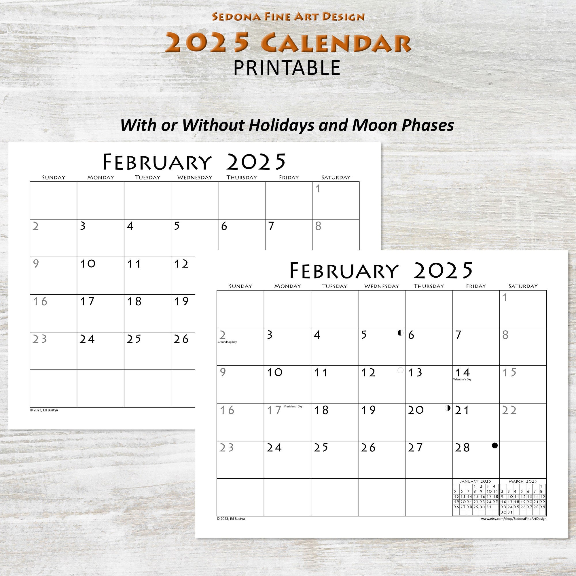 2025 Monthly Blank Calendar sundaystart or Mondaystart, Simple