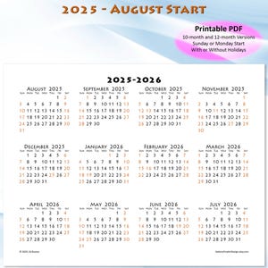 Calendario académico 2025-2026 con inicio en agosto: calendario de regreso a clases de una sola página; PDF imprimible para papel tamaño carta y planificadores digitales