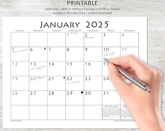 2025 Monthly Blank Calendar (Sunday-Start or Monday-Start), Simple Calendar With Holidays and Moon Phases or w/o, Horizontal Printable PDF