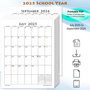2025-2026 School Year Calendar July 2025 to Sept 2026 Monthly Planner,  Sunday or Monday Start, Optional Holidays,  Digital or Printable