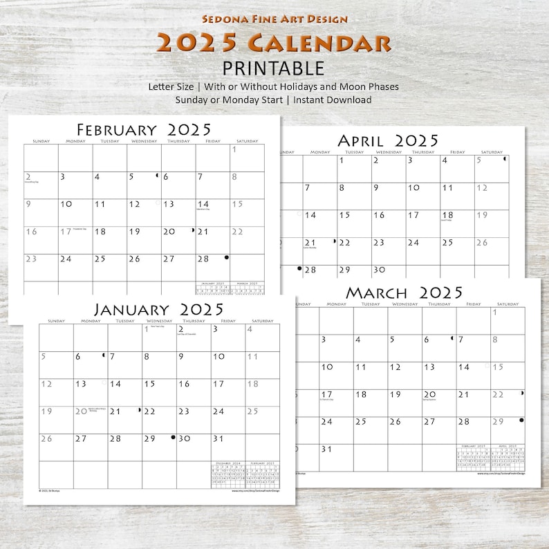 2025 Monthly Blank Calendar sundaystart or Mondaystart, Simple