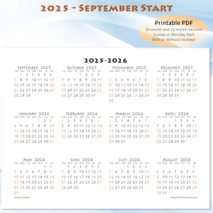 2025-2026 Academic Calendar September Start, Year-on-a-Page Back-to-School Calendar Printable PDF for Letter Size Paper and Digital Planners