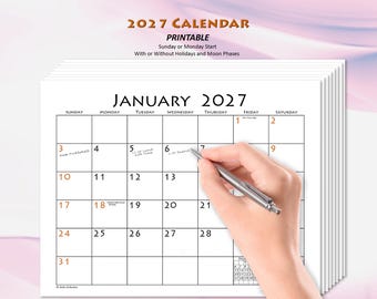 2027 Monthly Calendar, Printable PDF, Sunday-Start or Monday-Start, with or without US Holidays