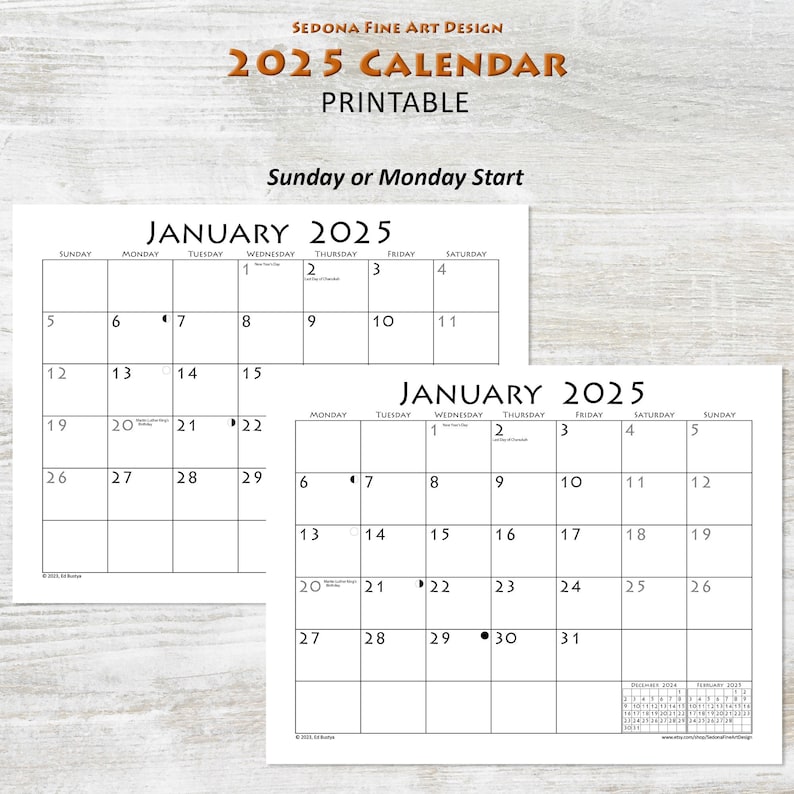 2025 Monthly Blank Calendar sundaystart or Mondaystart, Simple