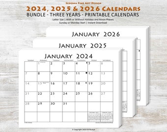 Calendarios en blanco 2024 2025 2026, inicio domingo o inicio lunes, con festivos y fases lunares o sin, PDF imprimible horizontal