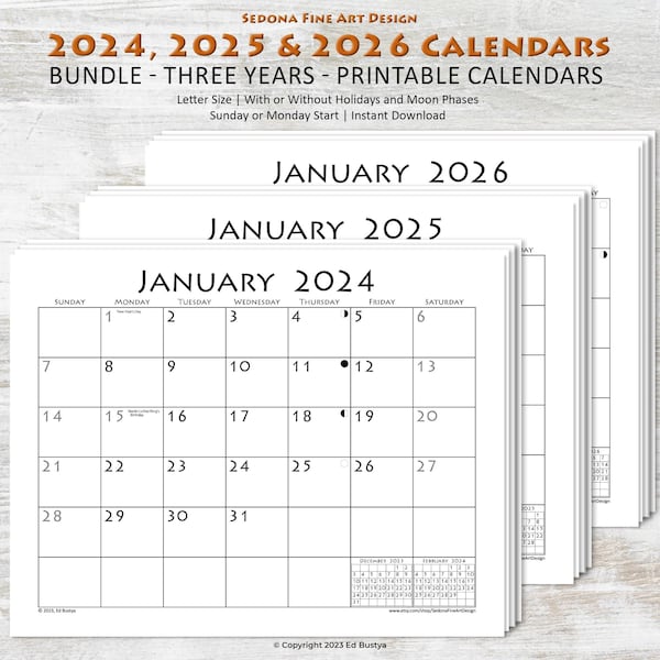 2024 2025 2026 Blank Calendars, Sunday-Start or Monday-Start, With Holidays and Moon Phases or without, Horizontal Printable PDF