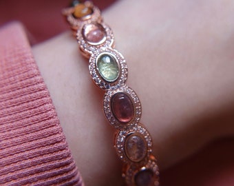 Rose Gold Turmalin Armreif, Bonbonfarbener Turmalin Armreif, Cabochon Natürlicher Turmalin, Regenbogen Turmalin, Alltags Armreif, verstellbar