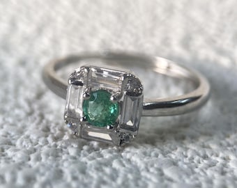 Petite Emerald Halo Ring in Silver • Natural Green Gemstone Ring • Dainty Birthstone Jewelry for May • Faceted Emerald