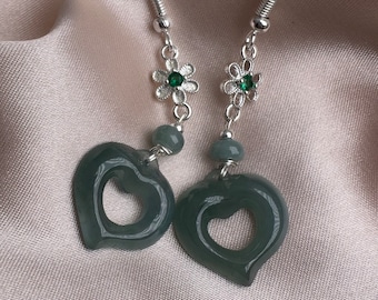 Jadeit Herz Ohrringe, Typ A Jadeit, teal blauer Jadeit, natürliche Jade Ohrhaken, S925 Jade Tropfen Ohrringe, baumeln Ohrringe, handgemachter Schmuck