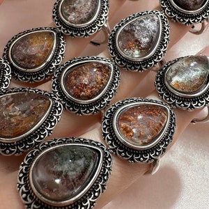 Garden Quartz Teardrop Ring, Antique Pear Ring, Silver Ring, Lodolite Sphere Ring, Phantom Quartz Ring, Tranquility, Balance, Scenic Quartz