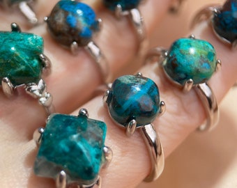 Natural Chrysocolla Ring, Silver Ring, Sugarloaf Gemstone Ring, Cushion Ring, Crystal Ring, Statement Ring, Chrysocolla Jewelery, Peacock