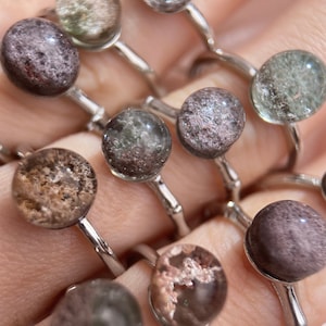 Natural Garden Quartz Ball Ring, Silver Garden Quartz Ring, Lodolite Sphere Ring, Phantom Quartz Ring, Tranquility, Balance, Scenic Quartz