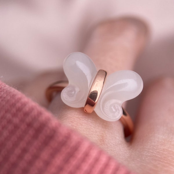 White Jade Butterfly Ring, Natural Jade Ring, Rose Gold White Jade Ring, Hand Carved Butterfly, Feminine Jewelry, Adjustable Ring, Delicate