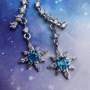 Swiss Blue Topaz Star Studs, Blue Topaz Cosmic Earrings, Constellation Ear Studs, Silver Climber Earrings, Dangle Studs, Celestial Jewelry