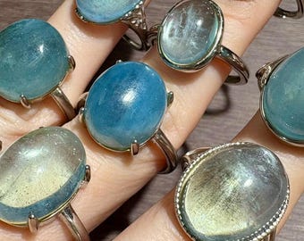 Aquamarine Ring • Natural Oval Cabochon Gemstone • Adjustable Blue Stone Ring • Tranquil Ocean-Inspired Jewelry • Gift for Her