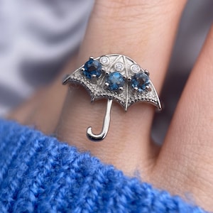 Umbrella Ring, London Blue Topaz Ring, Silver Ring, Brolly Ring, Dark Blue Topaz Ring, Cute Ring, Rainy Day Jewelry, Gift For Her, Whimsical