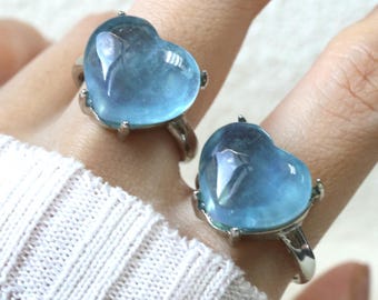 Aquamarine Heart Ring • Natural Cabochon Gemstone • Dainty Blue Crystal Ring • Silver Adjustable Band • March Birthstone Jewelry