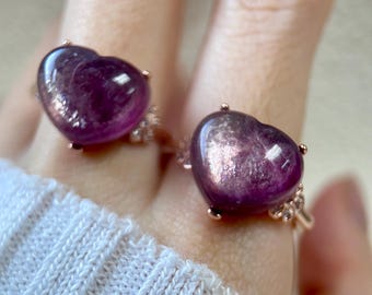 Heart-Shaped Lepidolite Cabochon Ring in Rose Gold • Calming Purple Crystal Ring • Natural Gemstone Jewelry