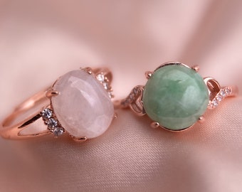 Rose Gold Jadeite Ring, Jade Ring, Natural Jade Ring, Type A Jadeite Ring, Green Jade Ring, White Jadeite Ring, Oval Jade Ring