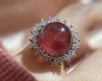 Strawberry Quartz Ring, Halo Quartz Ring, Strawberry Quartz Silver Ring, Big Quartz Ring, XL Gem Ring, Glam Crystal Ring, Glittery Quartz