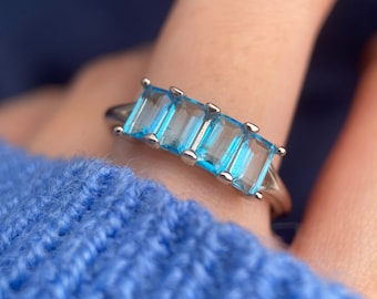 Emerald Cut Blue Topaz Eternity Band, Multistone Ring, Four Gems Ring, December Birthstone Jewelry, Silver Half Eternity Band, Minimalistic