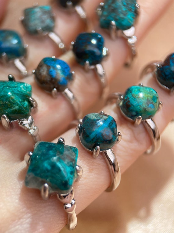Natural Chrysocolla Ring, Silver Ring, Sugarloaf Gemstone Ring, Cushion Ring, Crystal Ring, Statement Ring, Chrysocolla Jewelery, Peacock