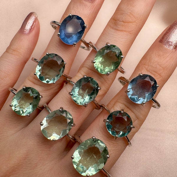 Fluoriet ring, groene fluoriet ring, blauwe natuurlijke fluoriet, zilveren fluoriet ring, verstelbare ring, minimalistische kristallen ring, natuurlijke edelsteen