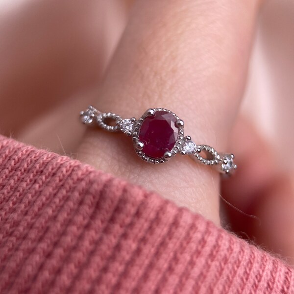 Natural Ruby Ring, Silver Ruby Ring, Burmese Ruby, Dainty Stackable Ring, July Birthstone, Myanmar Ruby, Petite Ring, Dark Red, Minimalist