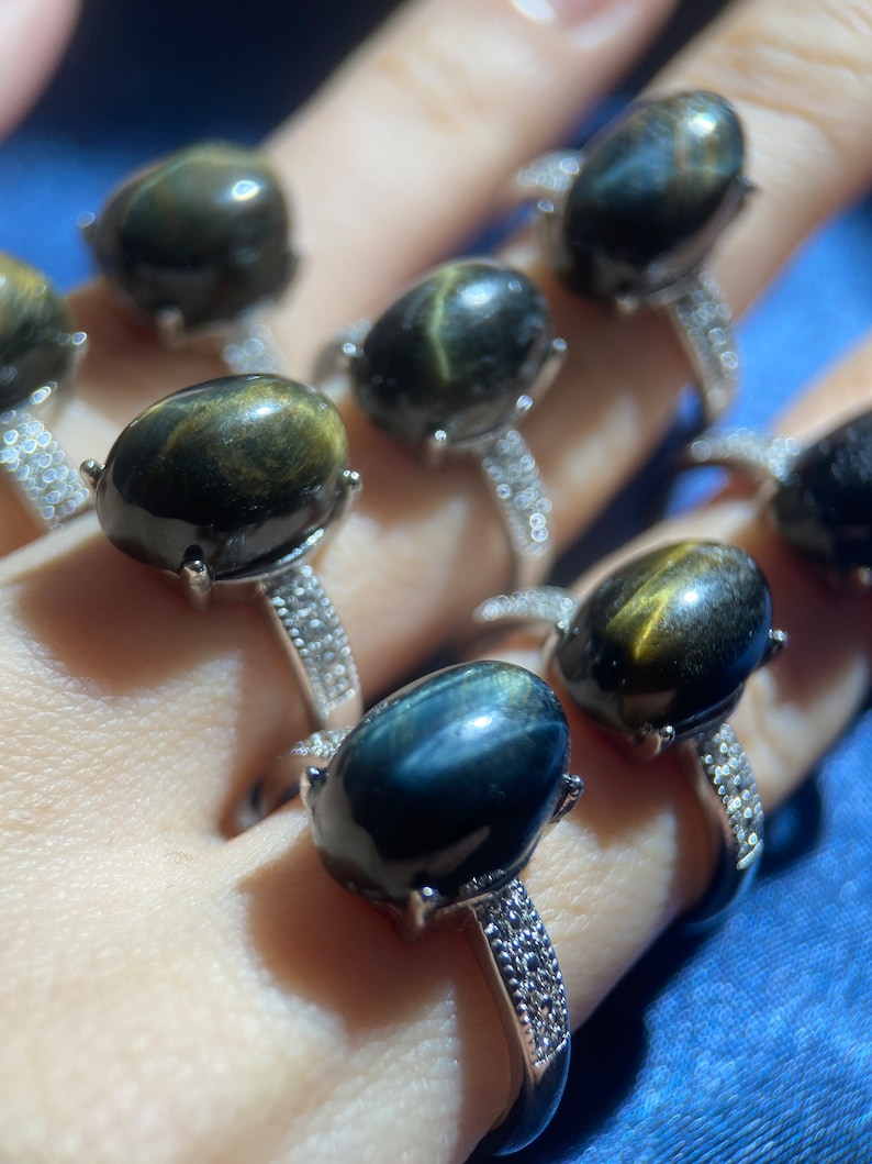 Natürlicher Tigeraugenring, Silber-Tigeraugenring, Gelber Tigeraugenring, Schutzstein, Blauer Tigeraugenring, Katzenauge, Reichtumstein Bild 1