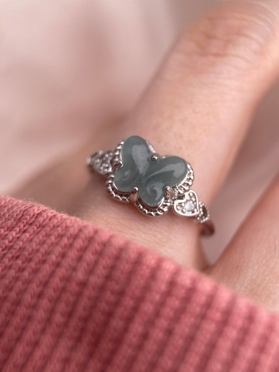 Jadeite Butterfly Ring, Natural Type A Jade Ring, Silver Jadeite Ring, Hand Carved Butterfly, Feminine Jewelry, Adjustable Ring, Incricate