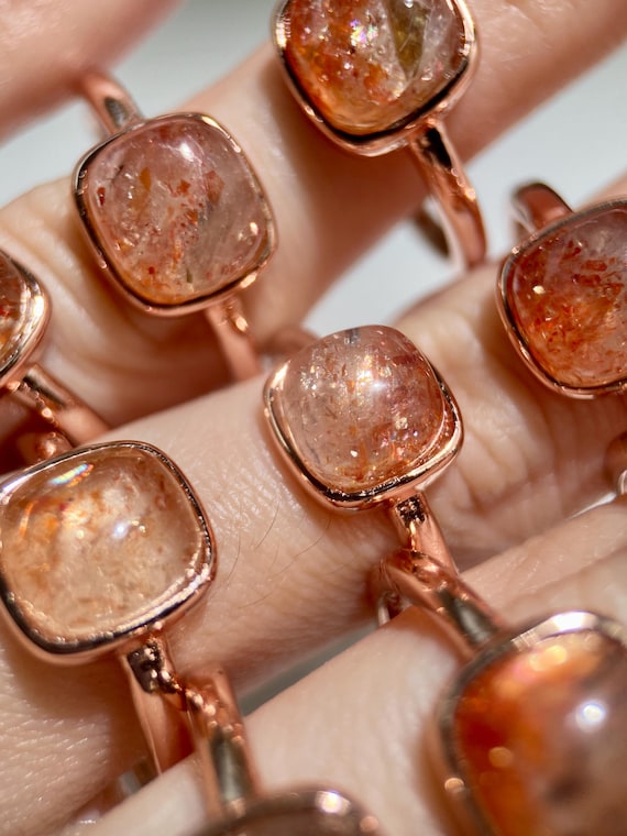 Golden Sunstone Ring • Natural Cushion Cabochon •  18K Rose Gold Plating • Shimmery Crystal Jewelry • Gift for Her
